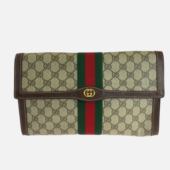 GUCCI GG Clutch Bag Red/Green Sherry Line GG Web PVC Leather Brown Clutch - Picture 1 of 7